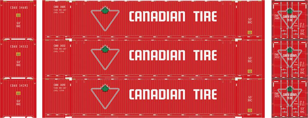 Illustration of three intermodal containers painted red with white and green graphics.