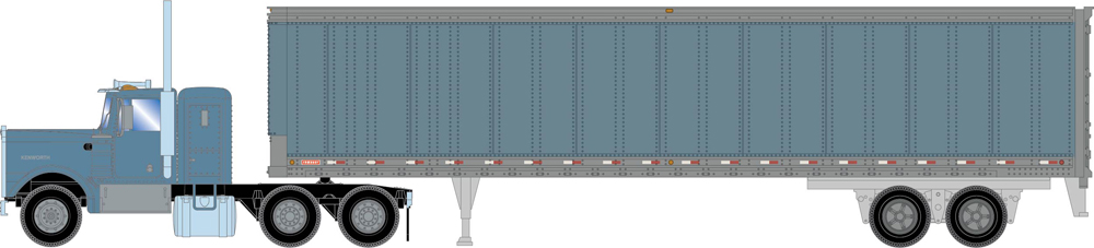 Illustration showing driver’s side of HO scale Kenworth tractor and 45-foot trailer painted metallic blue and silver.