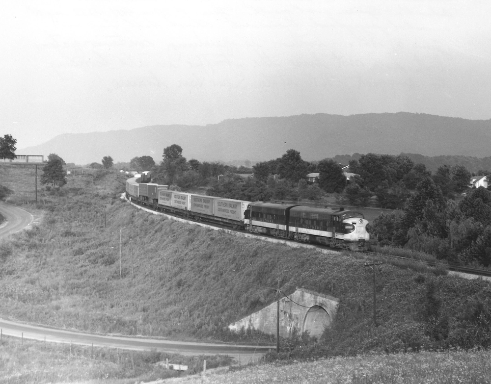 Streamlined diesel locomtoives lead a trailer-on-flatcar train through a lush valley.