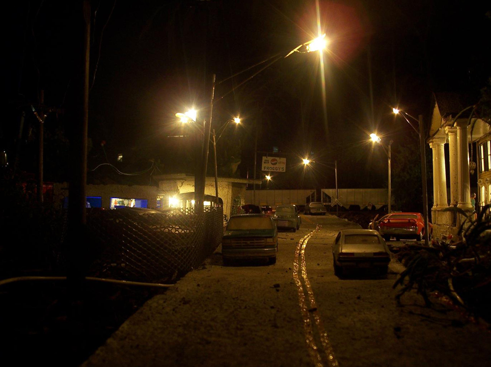Night scene of model city, view from the street