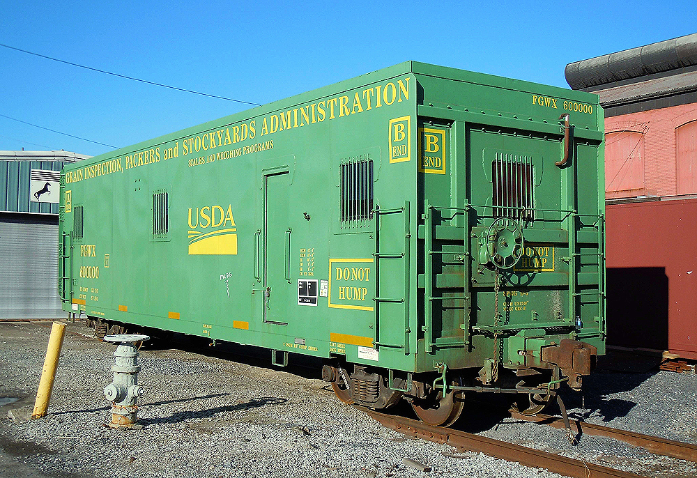 Boxcar fitted with equipment to test railroad scales.