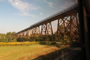 Amtrak train passing under railroad viaduct