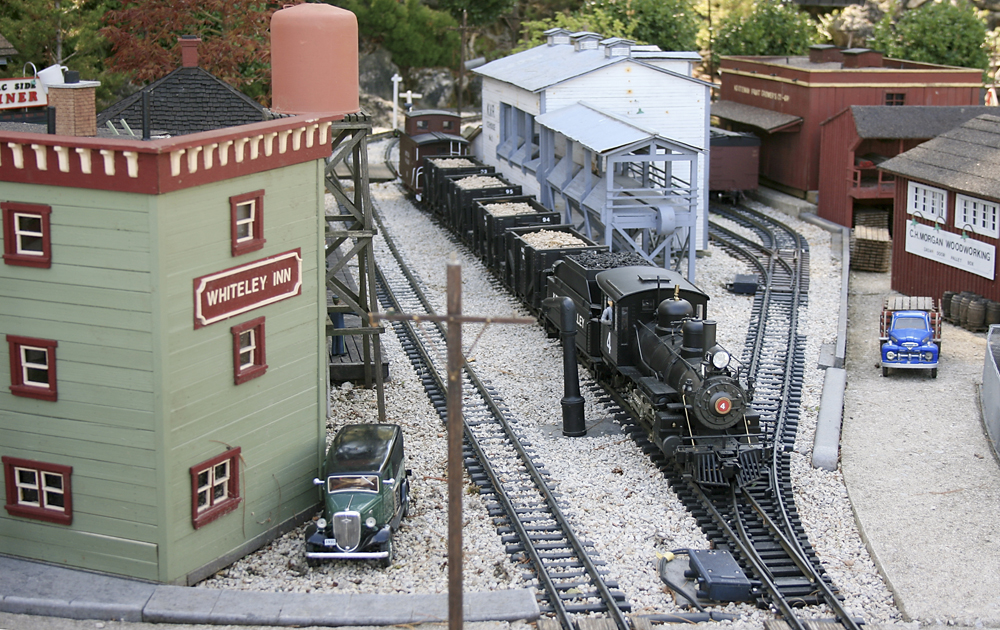 Model steam locomotive in garden railway scene