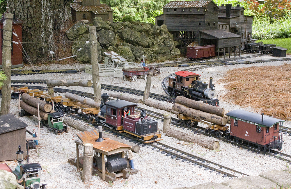 Model lumber company scene in garden railway
