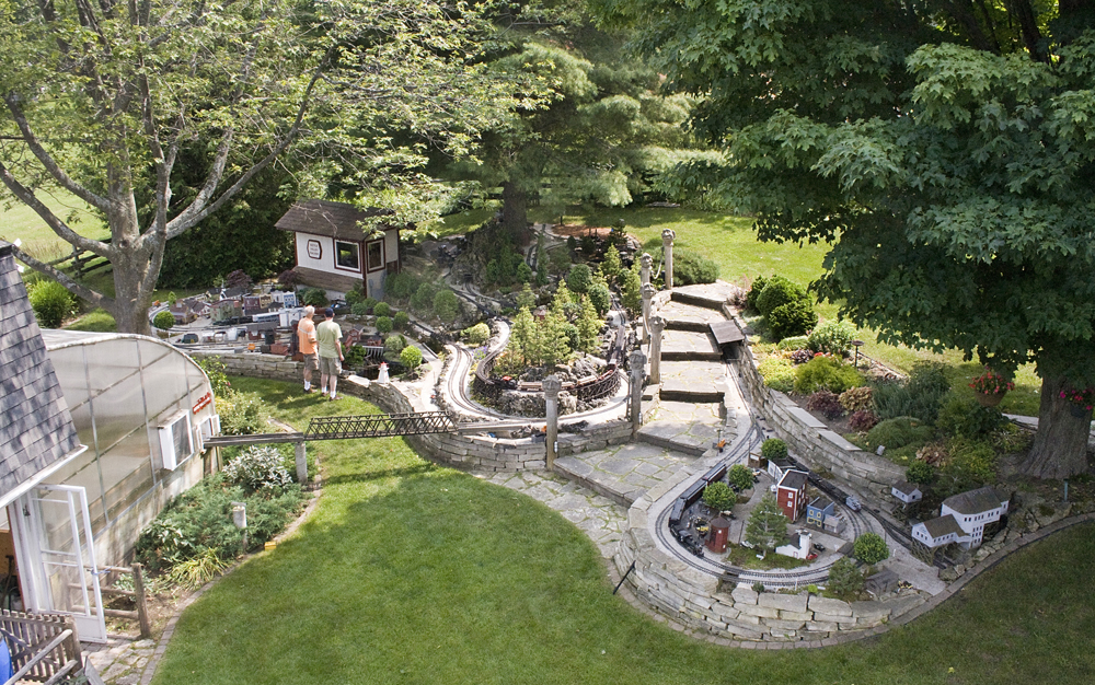 Coal and lumber garden railroad: overview of garden railway in a backyard