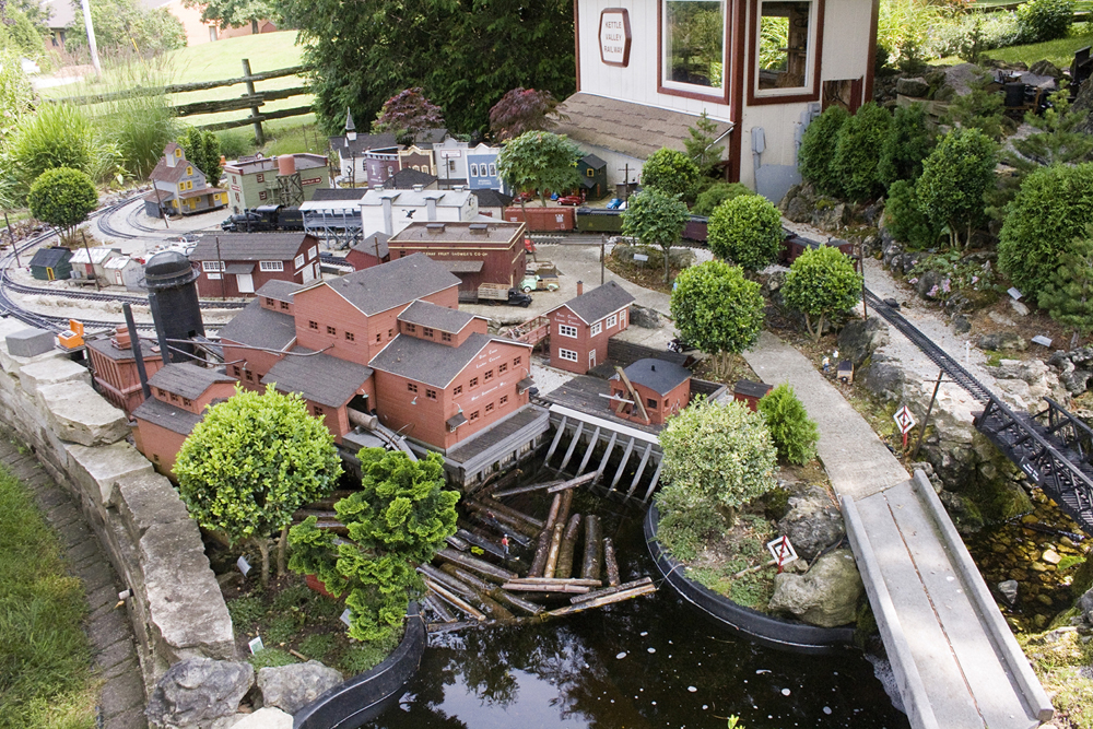 Model sawmill scene in garden railway