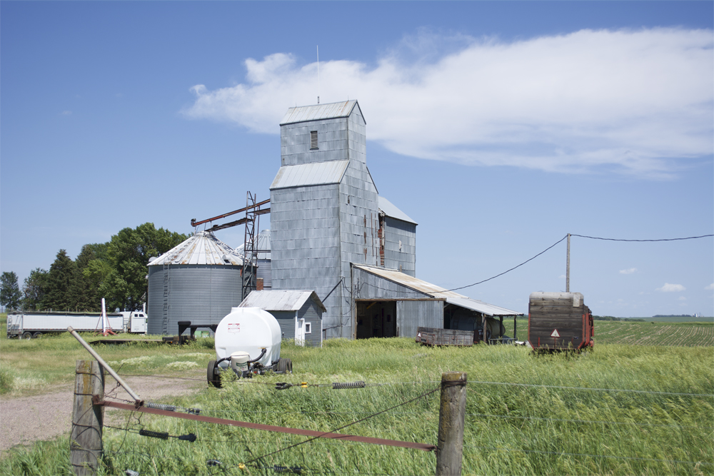 Grain elevator, bins, and corn crib