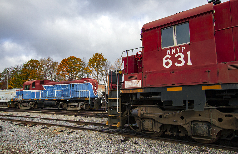 A red-white-and-blue locomotive in the background contrasts with a red-painted locomotive in the foreground.