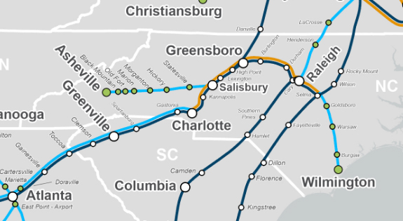 Map showing current and proposed passenger service in North Carolina