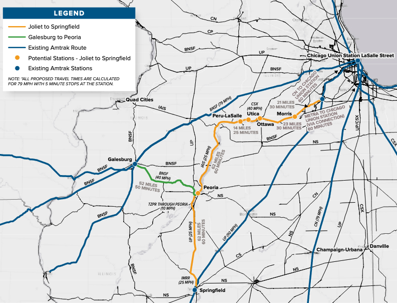 Map showing passenger routes from Chicago to west central Illinois