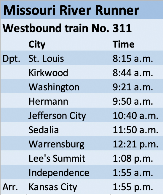 Schedule for the westbound Missouri River Runner train No. 311