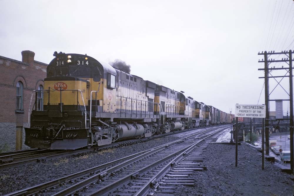 Diesel locomotives on freight train in city