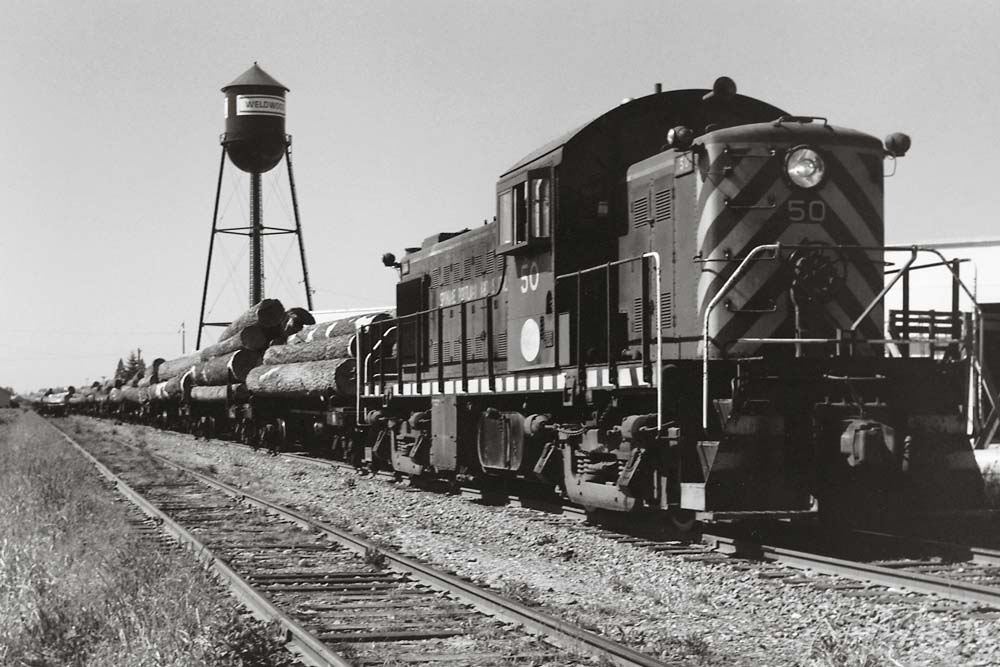 Diesel locomotive with log train in front of water tower