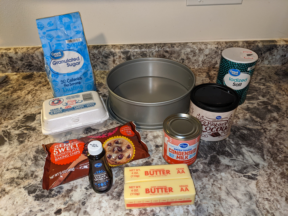 Ingredients and mixing bowl on a countertop.