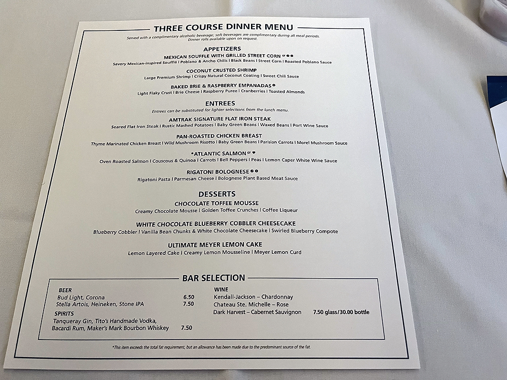 Dining car menu