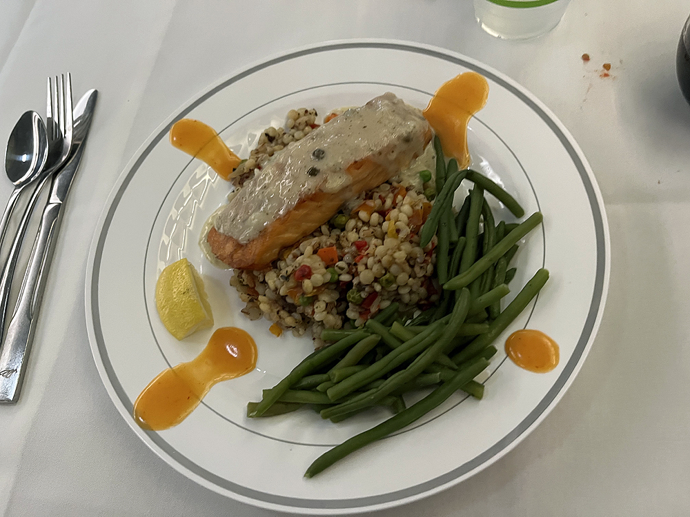 Plated fish dinner.