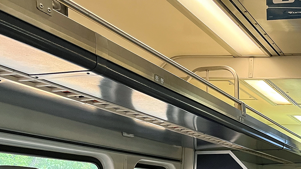 Large overhead baggage bin on train