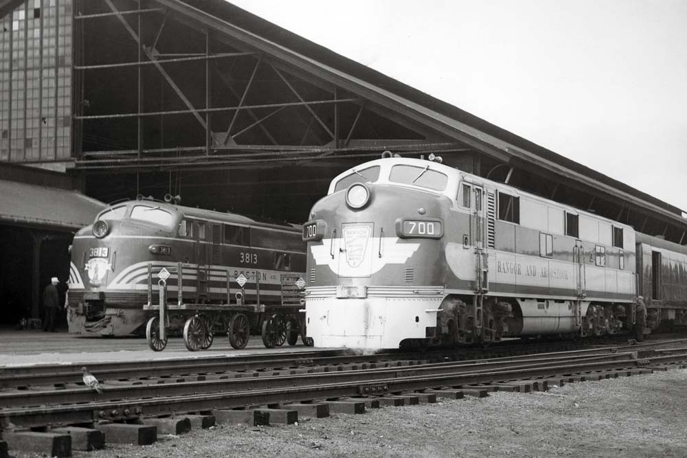 Streamlined Bangor Aroostook locomotive outside passenger station trainshed