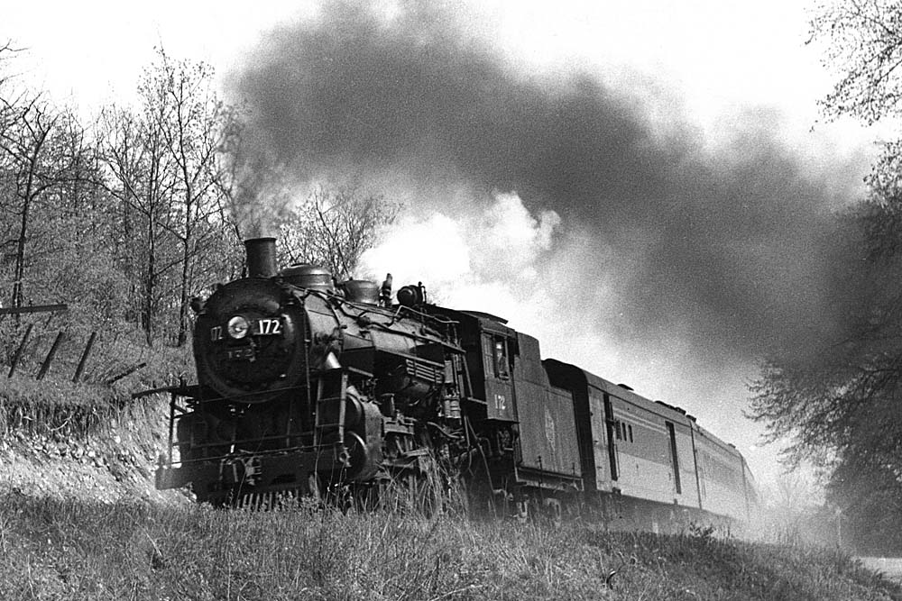 Steam locomotive on passenger on curve among trees