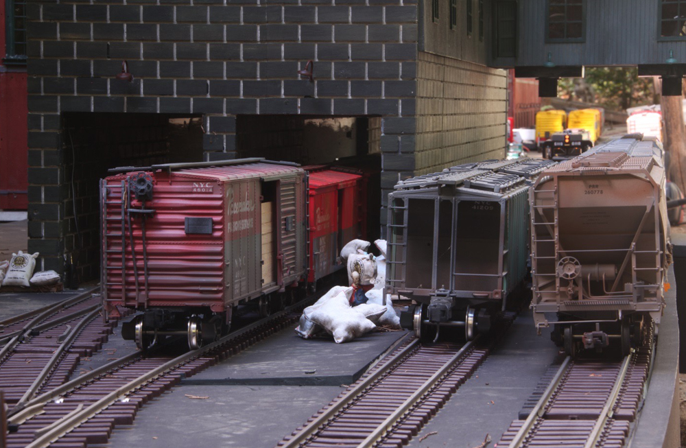 model boxcars near grain facility
