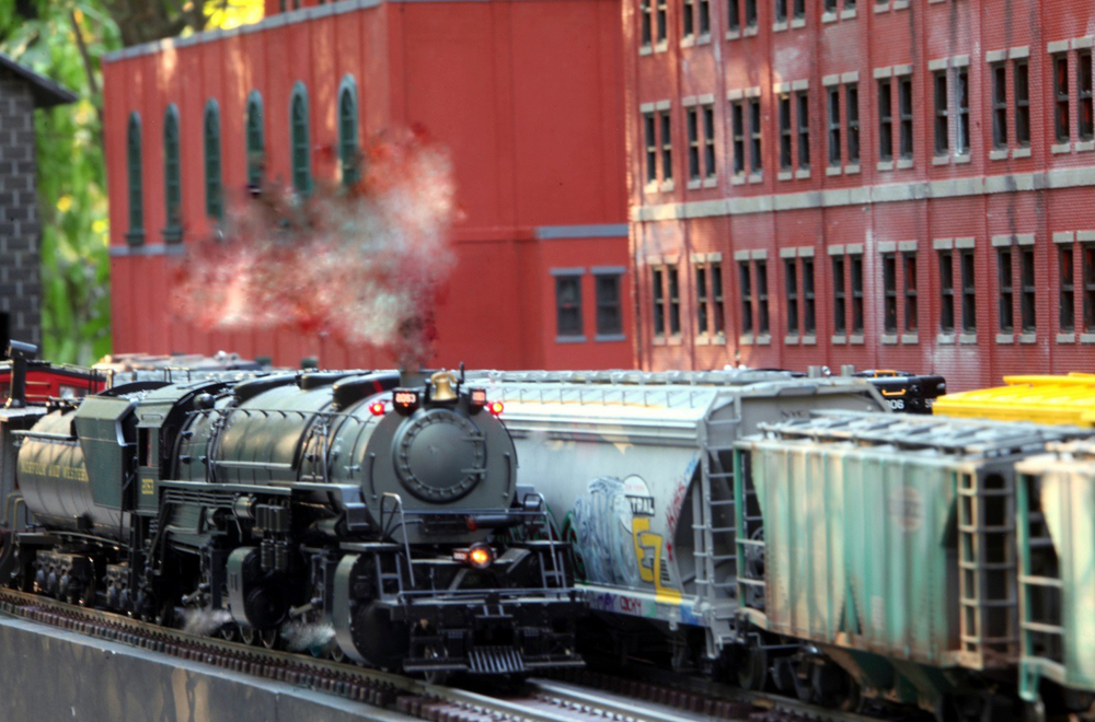 model trains in a downtown scene