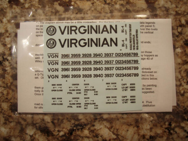 Virginian Ry. class BL-4 ballast hopper decals from Great Decals