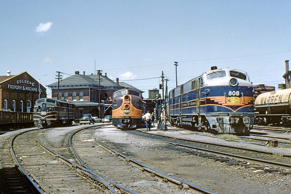 Streamlined Central of Georgia locomotives lined up at station