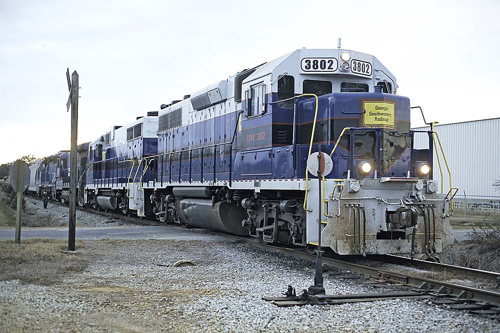 Four diesel locomotives on freight train