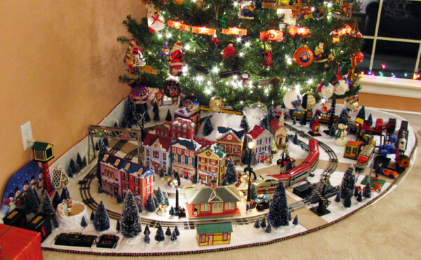A small toy train Christmas layout for under the tree