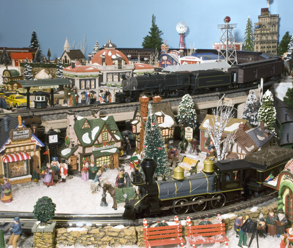 holiday scene on toy train layout