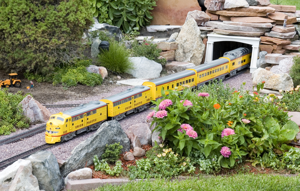 yellow diesel model locomotive emerges from a tunnel on garden railway