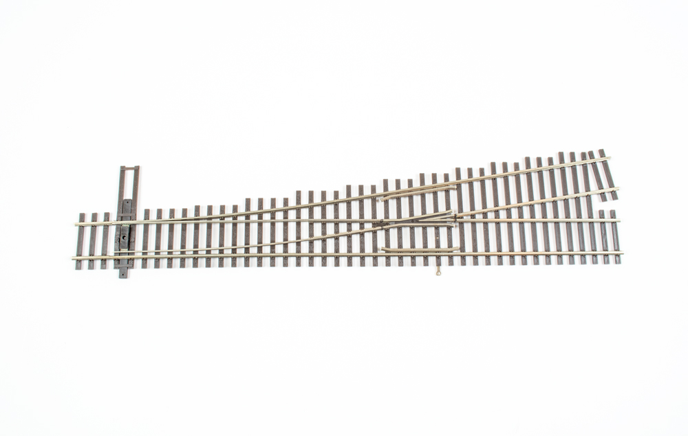 Photo of HO scale turnout on white background