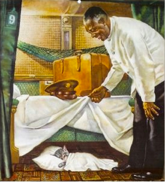 Pullman porter lifting sheet to look at cat on floor