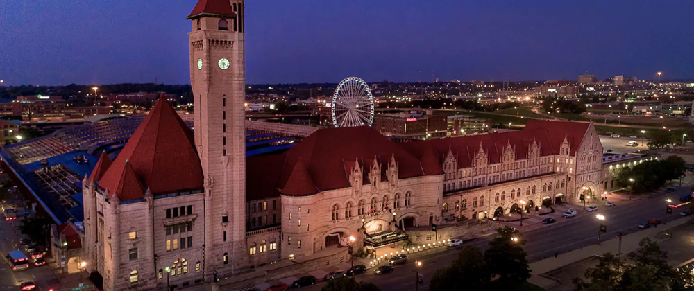 Aerial view of large, ornate former railroad station