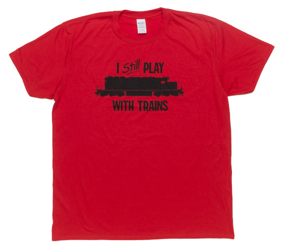 Red shirt with locomotive art printed in black.