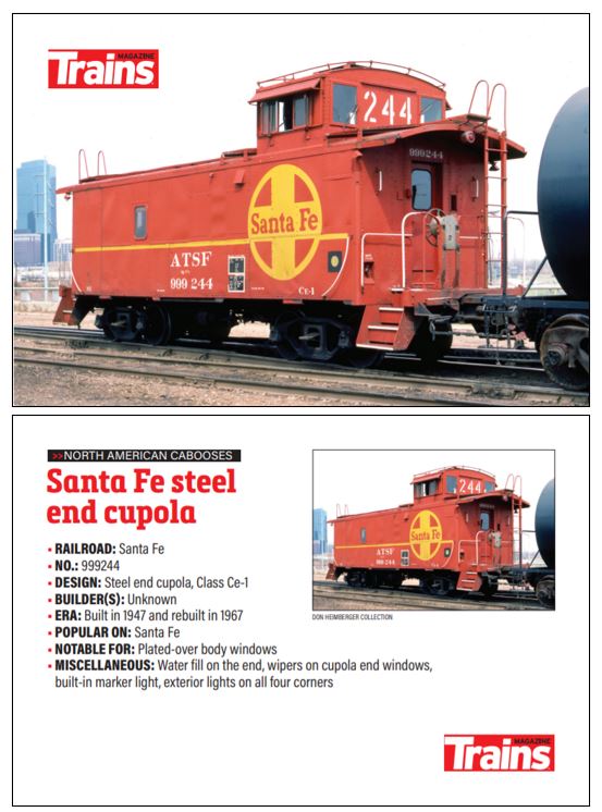 Back and front of a flash card featuring a red caboose.