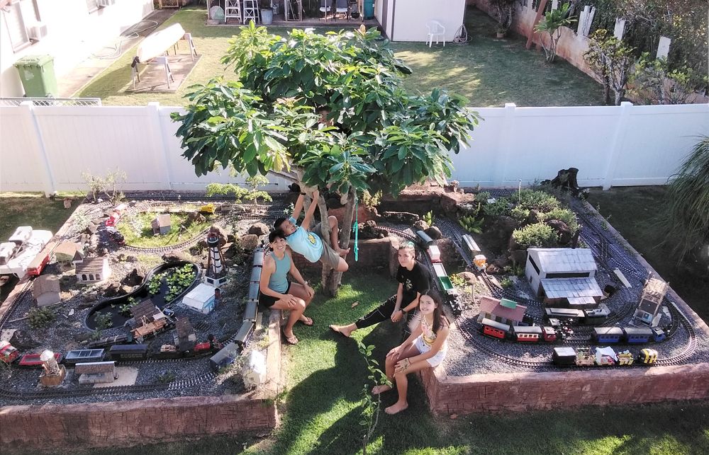 overview of garden railroad and family