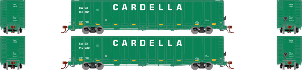 A green gondola freight car is shown from the side, rear and front