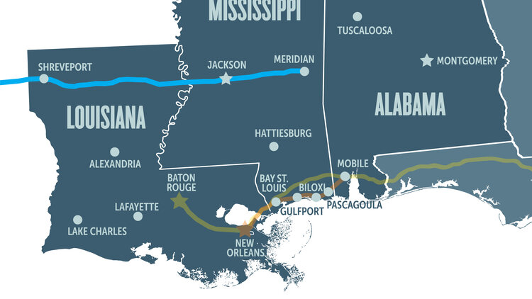 Map of rail route west from Meridian, Miss., to Shreveport, La., and Dallas-Fort Worth