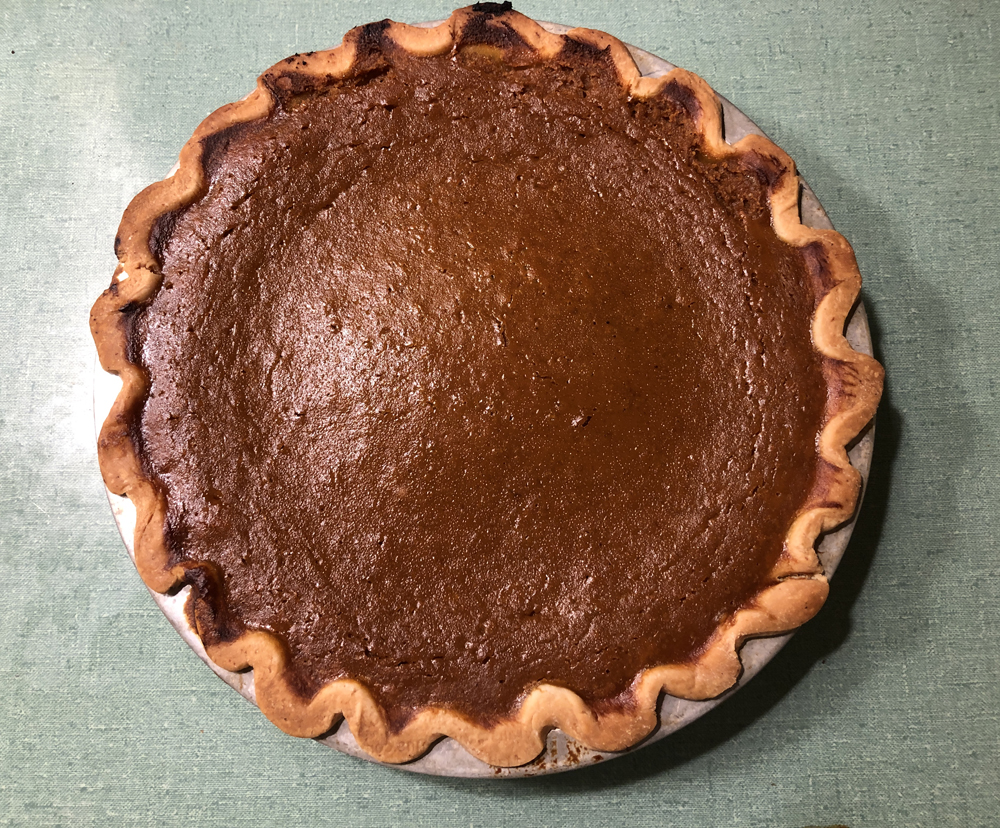pumpkin pie on a table