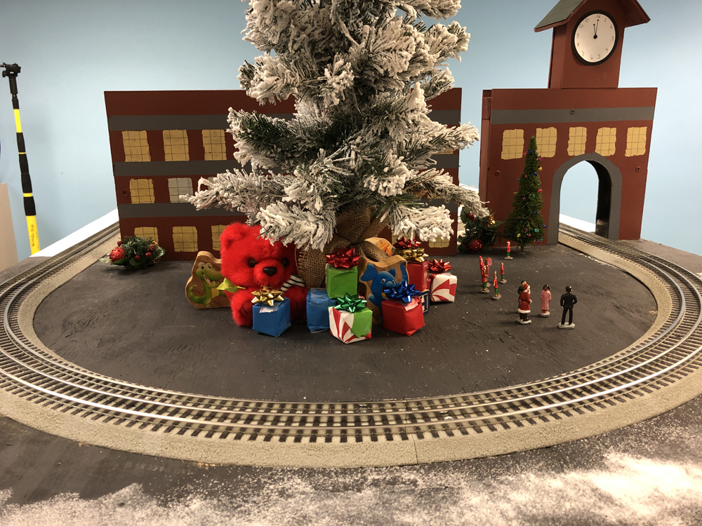 Christmas scene on toy train layout