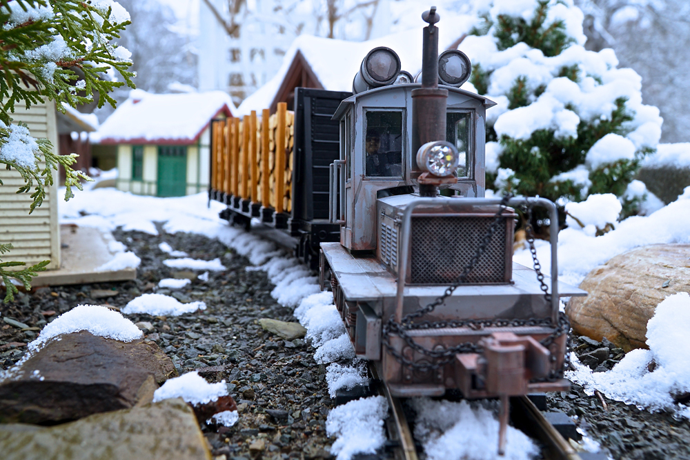 close up of switcher garden railroading in the snow