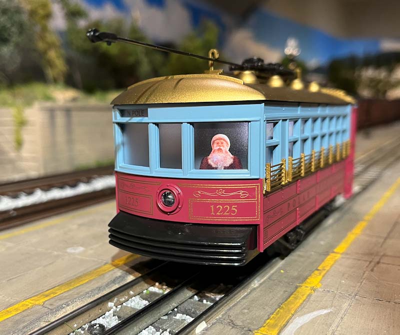 The Lionel Polar Express trolley with Santa at the controls