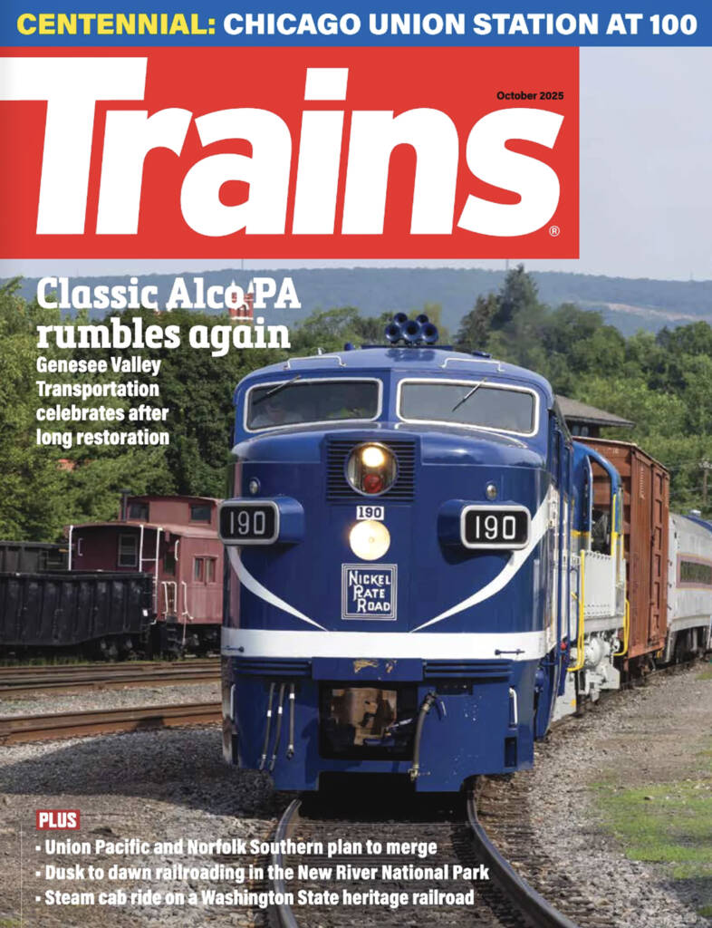 The October 2025 cover of Trains magazine, which features a blue and white locomotive