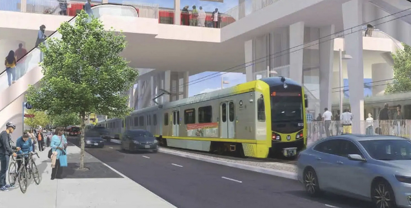 Illustration of light rail train running in street