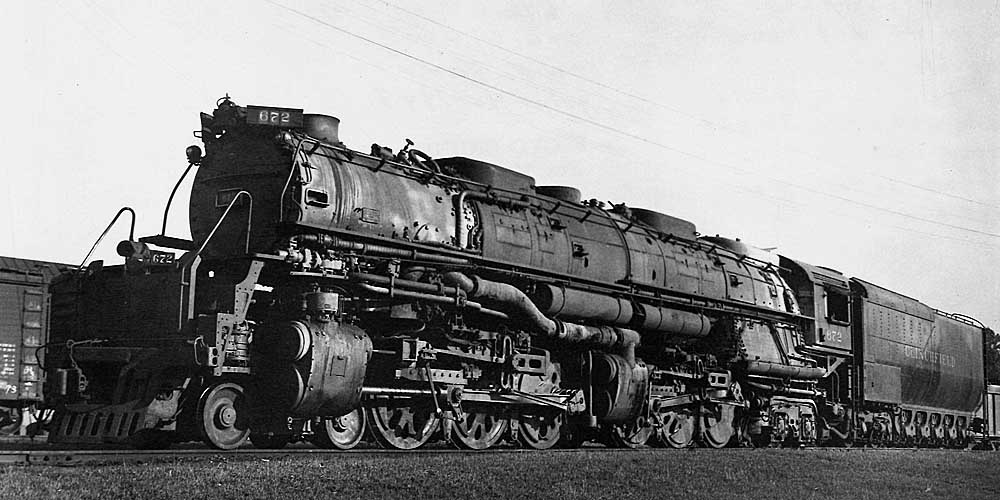 Three quarter view of steam locomotive