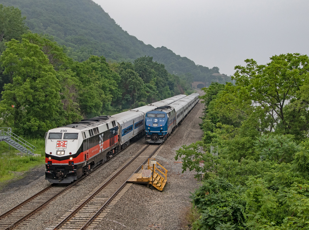Two passenger trains running side-by-side along a river
