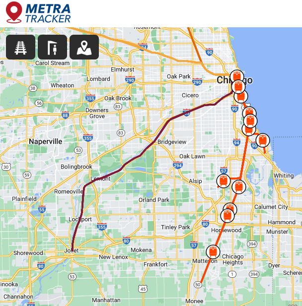 Screen shot of map with icons showing trains on commuter lines