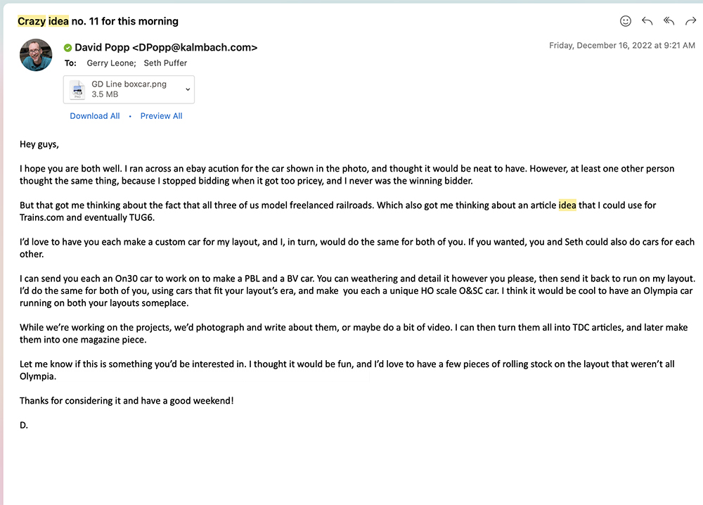 Car Swap Project Part 1: Trading models: Screen captured image of an email