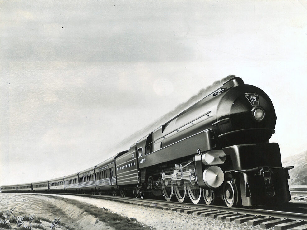 artist drawing of a streamlined steam locomotive and passenger train
